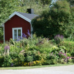 Röd stuga med vitt fönster, omgiven av träd och blomstrande trädgård.