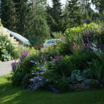 Trädgård med gångväg, blommor, buskar, bil och delvis skymd byggnad framför skog.