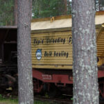 Järnvägsvagn märkt "Rapid Unloading System" från LKAB delvis skymd av träd.