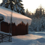 Snötäckt stuga med istappar vid skogskant, snöiga träd syns i bakgrunden en solig vinterdag.