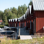 Röda stugor vid brygga med båtar, omgivna av skog under klar himmel.
