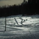 Snötäckta marker med skoterspår och skog i bakgrunden under molnig himmel.